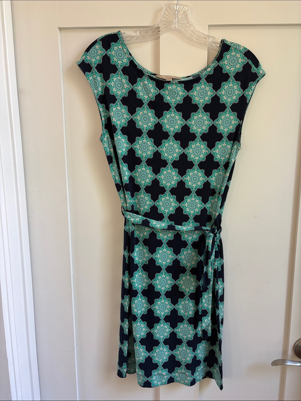 Banana Republic Navy Dress with Teal Medallion Print and Tie Waist